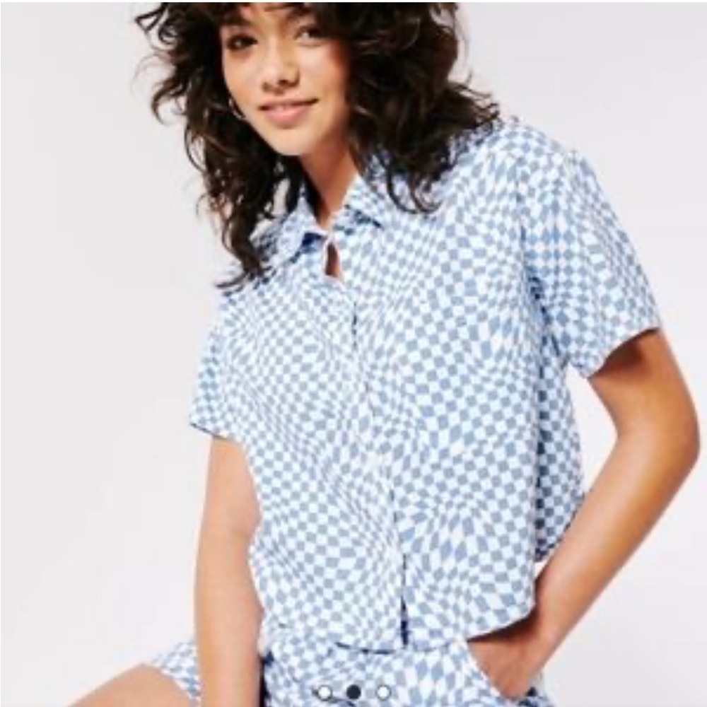 Hollister Blue White Checkered Button Down cropped Shirt size XS skater Y2K